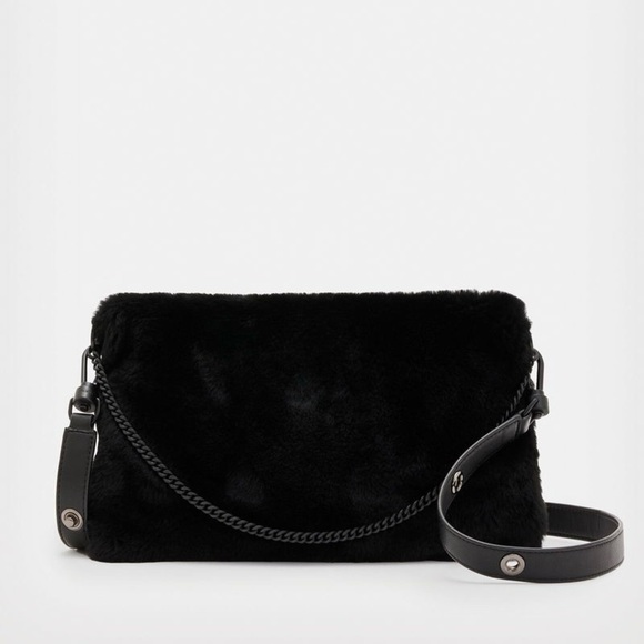 AllSaints Eve Genuine Shearling Crossbody Bag Convertible Chain Strap Zip Top - Picture 1 of 15
